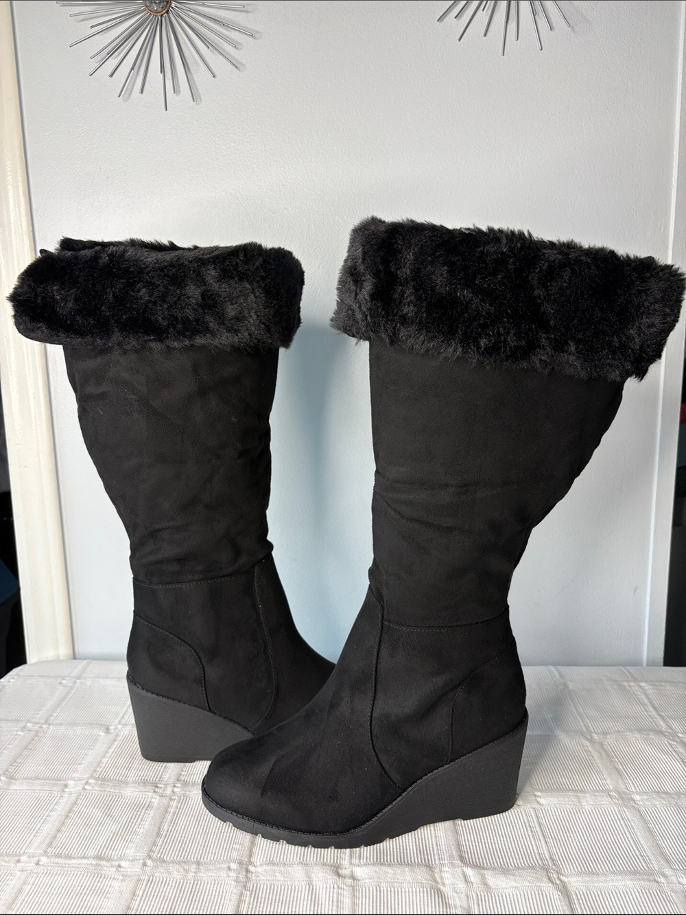 Lane Bryant Black Faux-Fur Trim Wedge Knee Boots Wide Calf